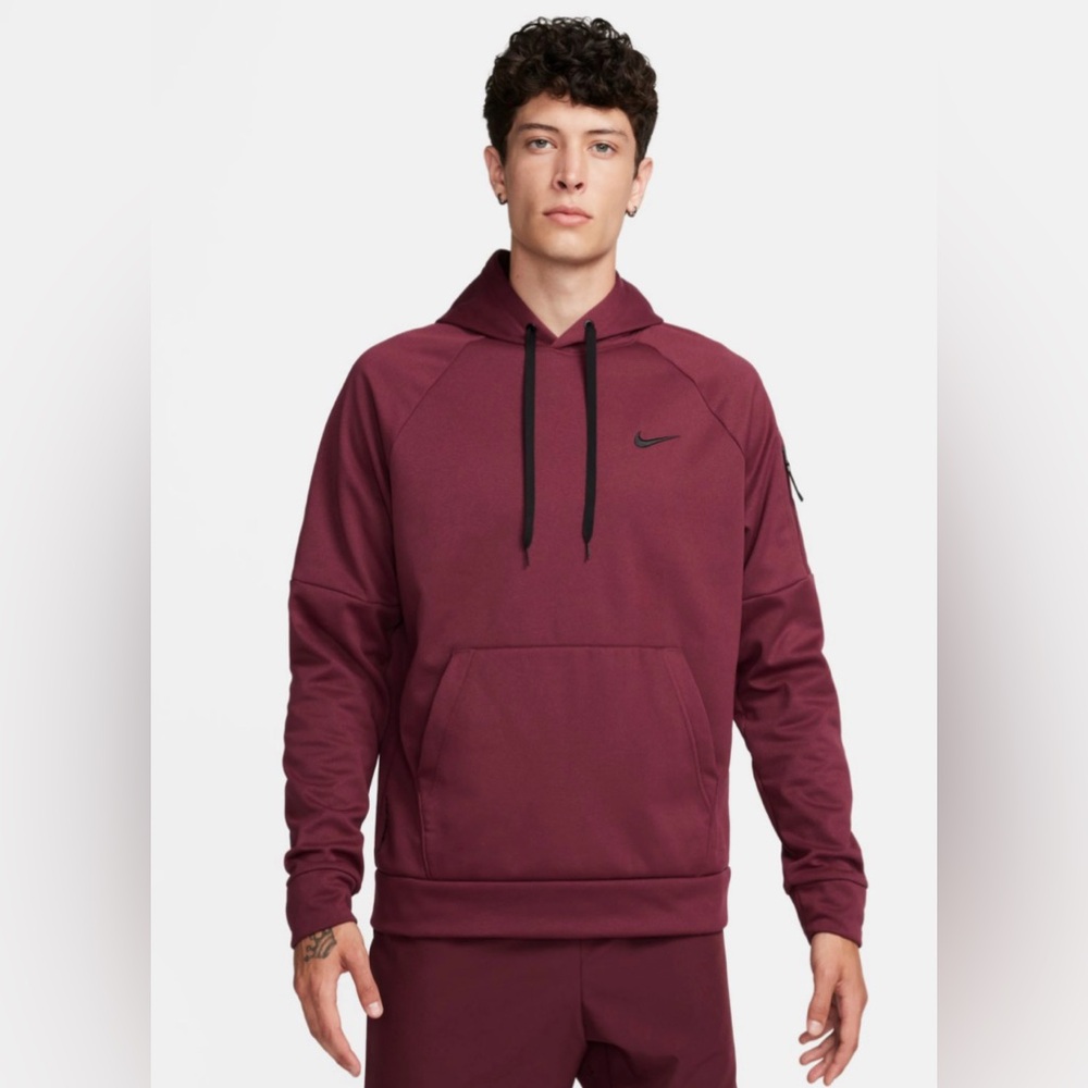 Nike Mens Small Therma-FIT Zip Pocket Pullover Fitness Hoodie - Night Maroon